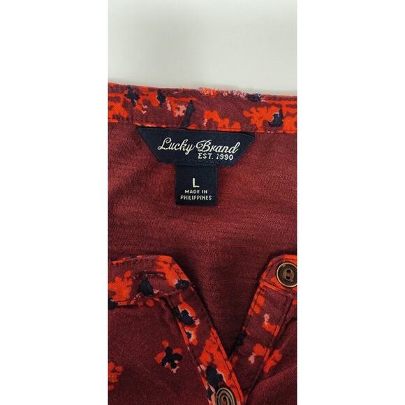 Lucky Brand Round Neck Roll-Tab Sleeve Tunic Paisley Print Floral Blouse Red Lg - Picture 3 of 8